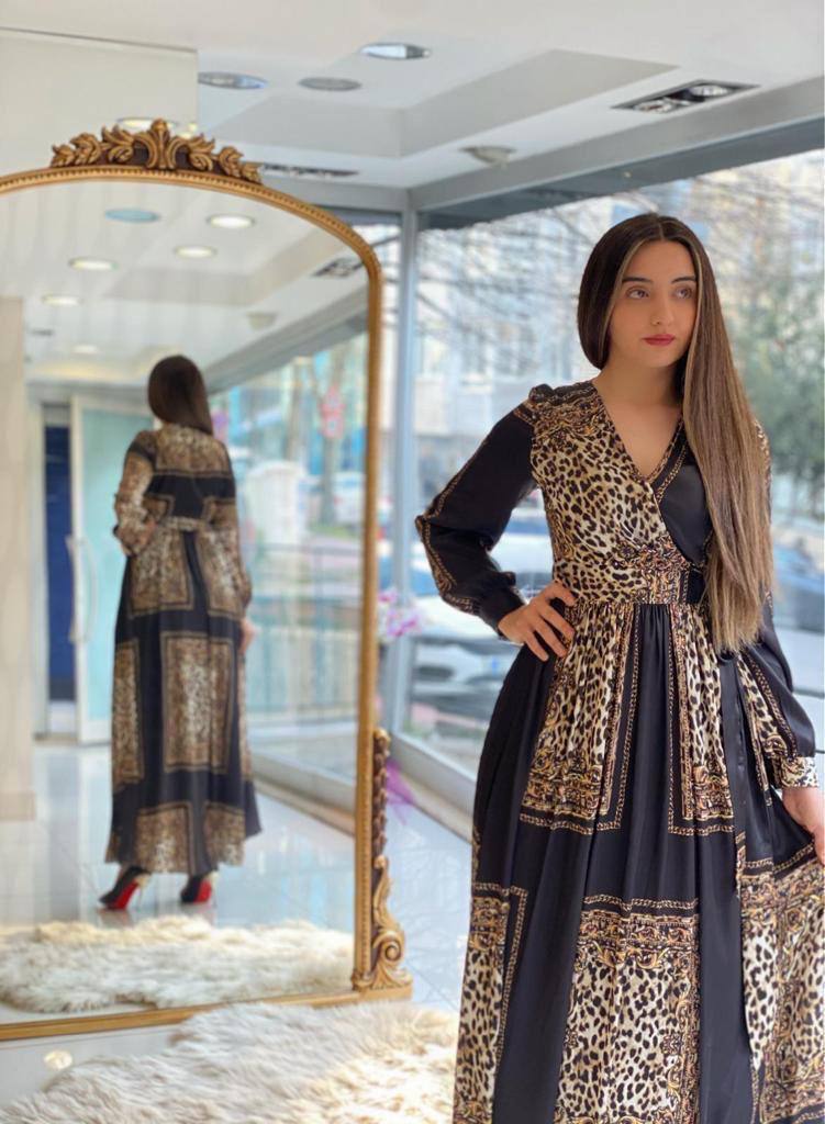 فستان تايجر ساتان مبطّن أسود بنقشة نمري – شمس فاشن غزة